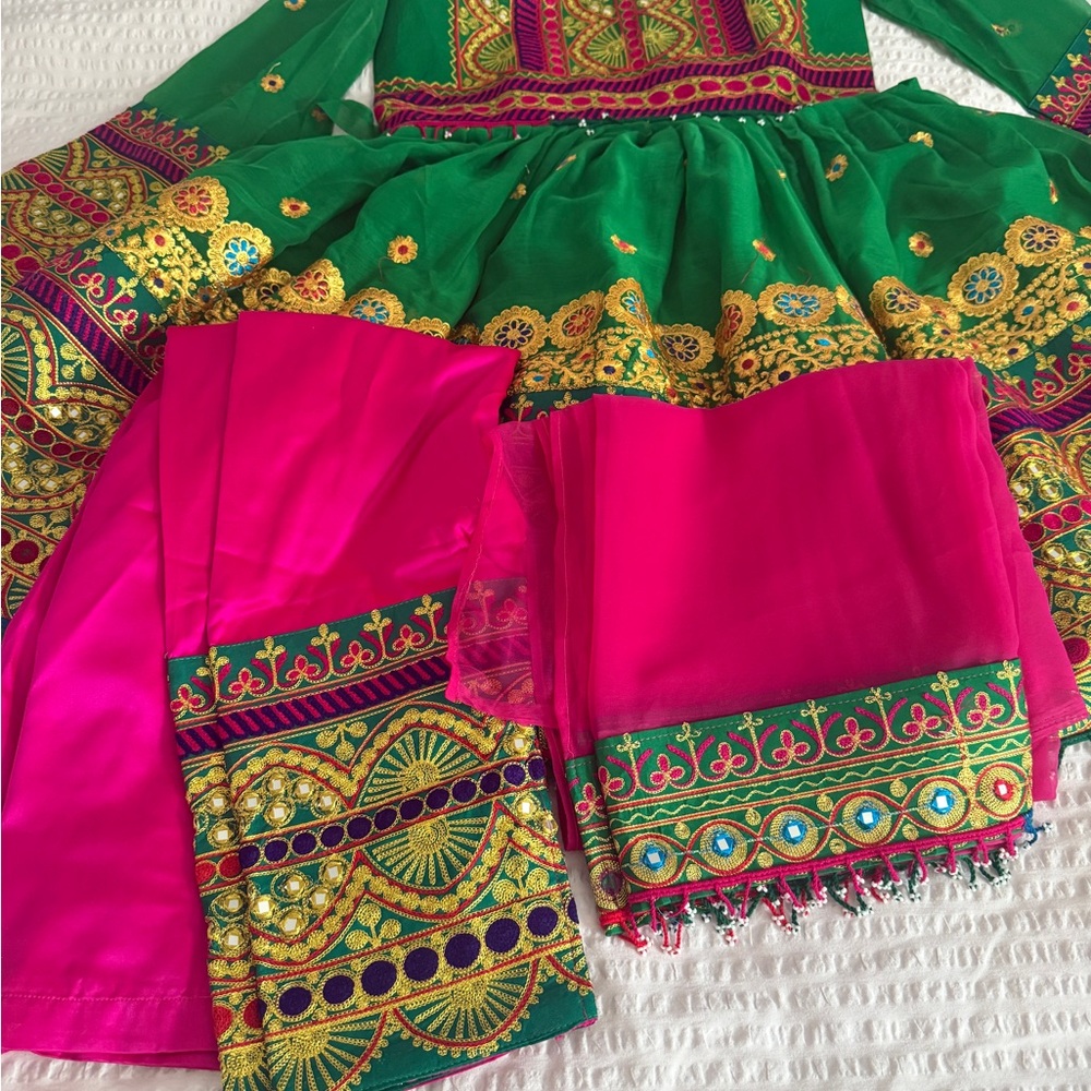 Women’s Afghan Embroidered Green and Hot Pink Traditional Dress